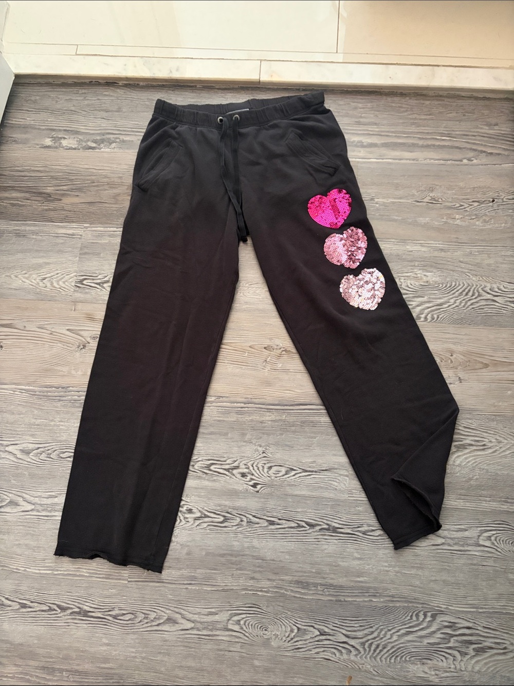 Victorias Secret PINK Black Sweatpants with Pink Sequin Heart Accent